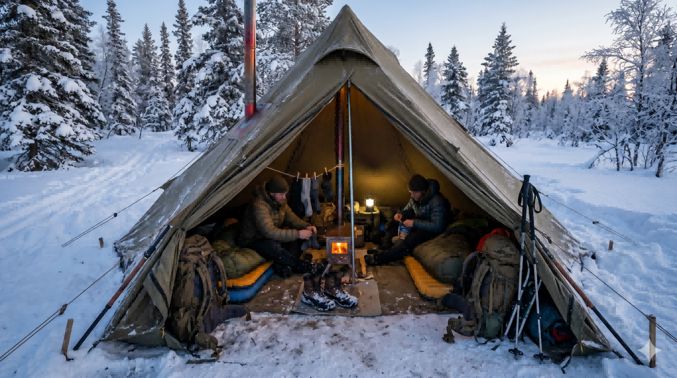 Two campers using a floorless hot tent with stove jack in deep snow, illustrating backcountry winter living and shared recovery workflow
